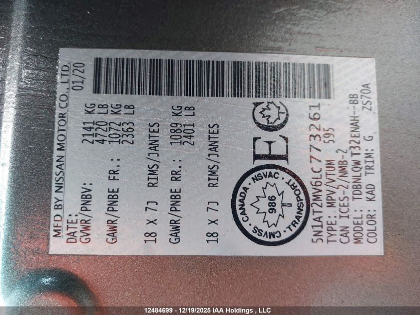 2020 Nissan Rogue S/Sl/Sv VIN: 5N1AT2MV6LC773261 Lot: 12484699