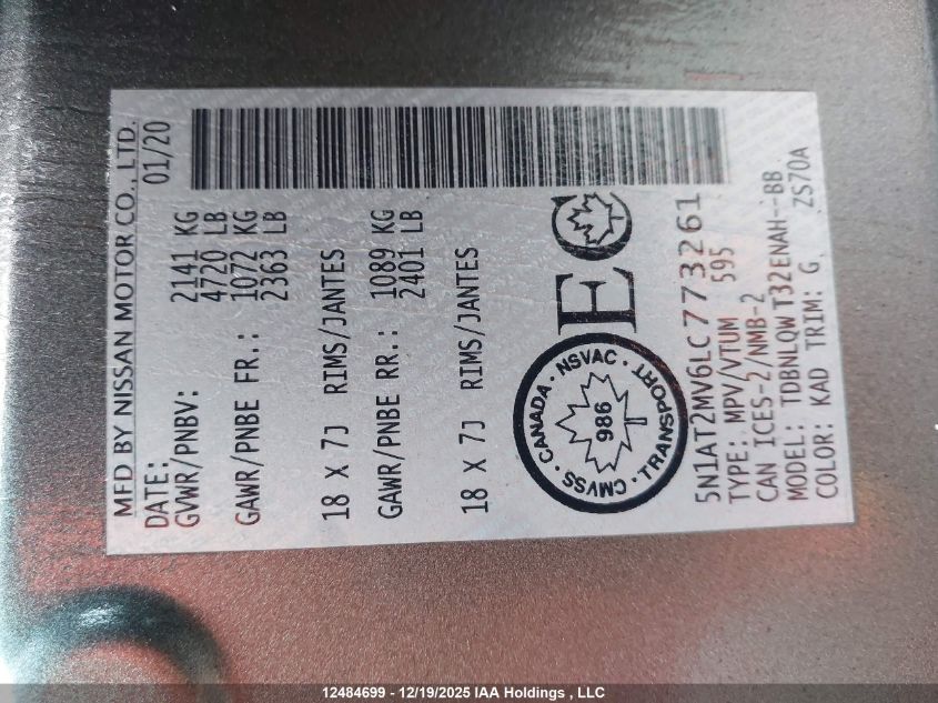 2020 Nissan Rogue S/Sl/Sv VIN: 5N1AT2MV6LC773261 Lot: 12484699