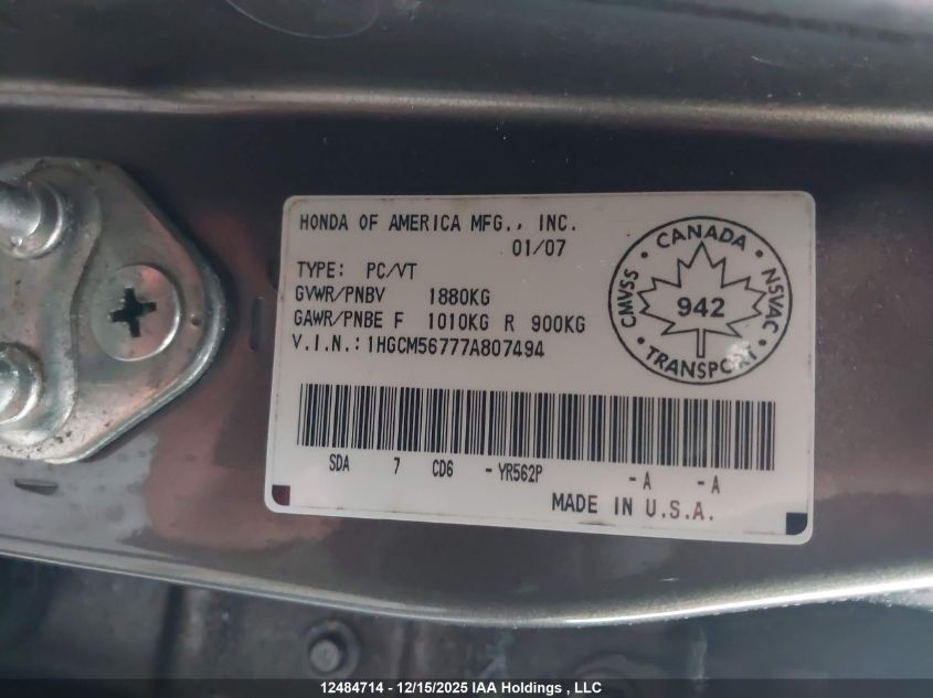 2007 Honda Accord Ex VIN: 1HGCM56777A807494 Lot: 12484714
