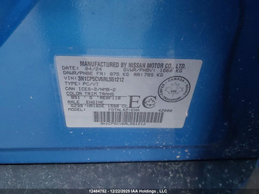 2024 Nissan Kicks Sv VIN: 3N1CP5CV6RL551212 Lot: 12484752