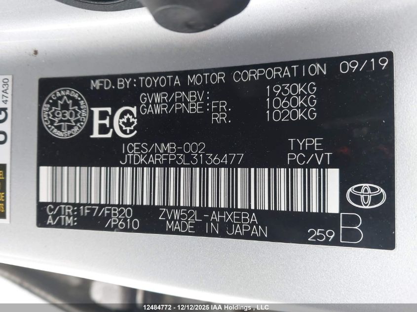 2020 Toyota Prius Prime VIN: JTDKARFP3L3136477 Lot: 12484772