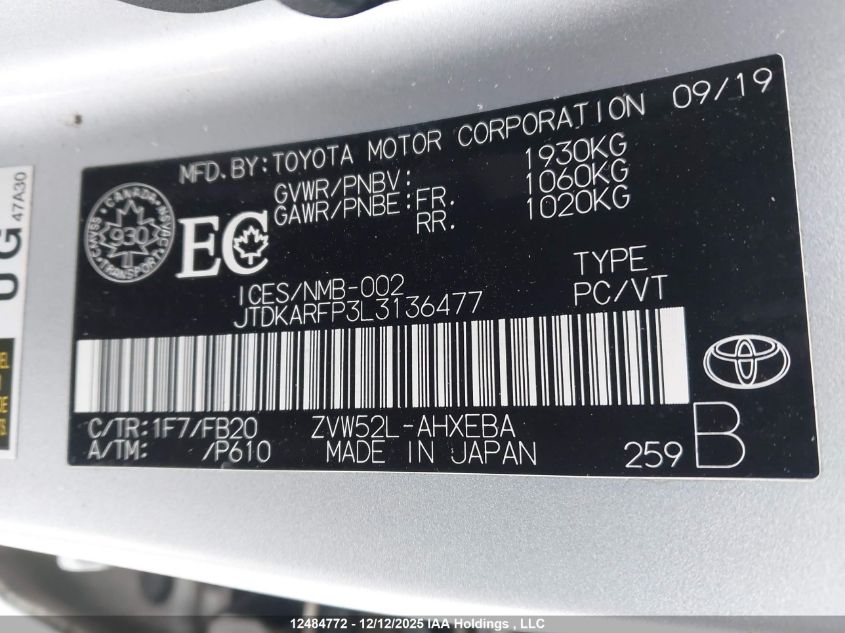 2020 Toyota Prius Prime VIN: JTDKARFP3L3136477 Lot: 12484772