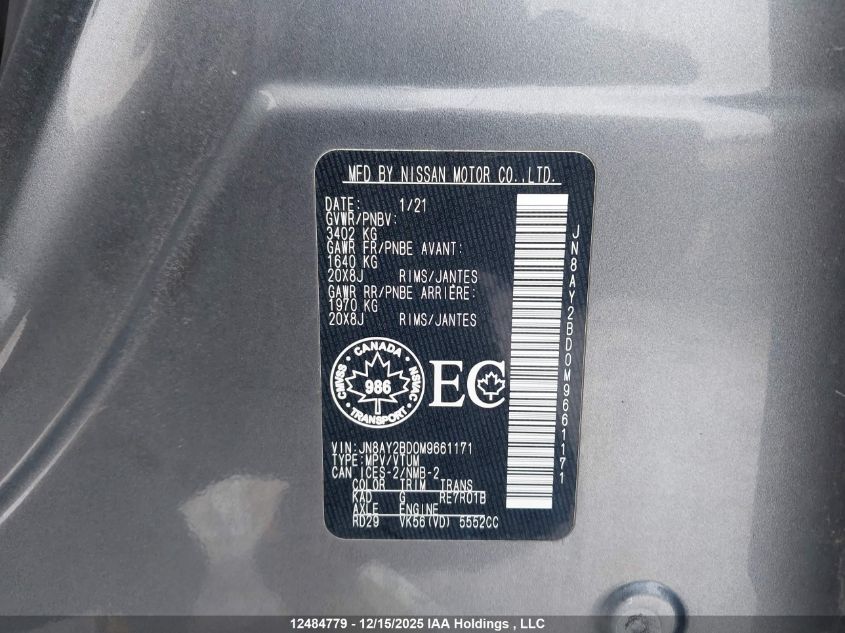 2021 Nissan Armada Sl VIN: JN8AY2BD0M9661171 Lot: 12484779