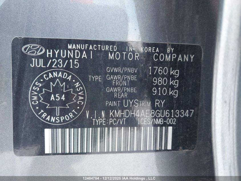 2016 Hyundai Elantra Se/Sport/Limited VIN: KMHDH4AE8GU613347 Lot: 12484784