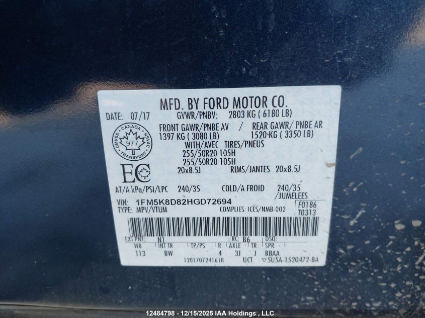 2017 Ford Explorer Xlt VIN: 1FM5K8D82HGD72694 Lot: 12484798