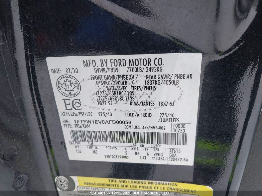 2010 Ford F150 Supercrew VIN: 1FTFW1EV0AFD00056 Lot: 12484815