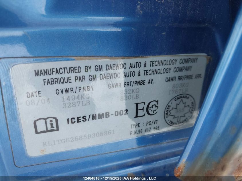 2005 Chevrolet Aveo Lt VIN: KL1TG62685B305861 Lot: 12484816