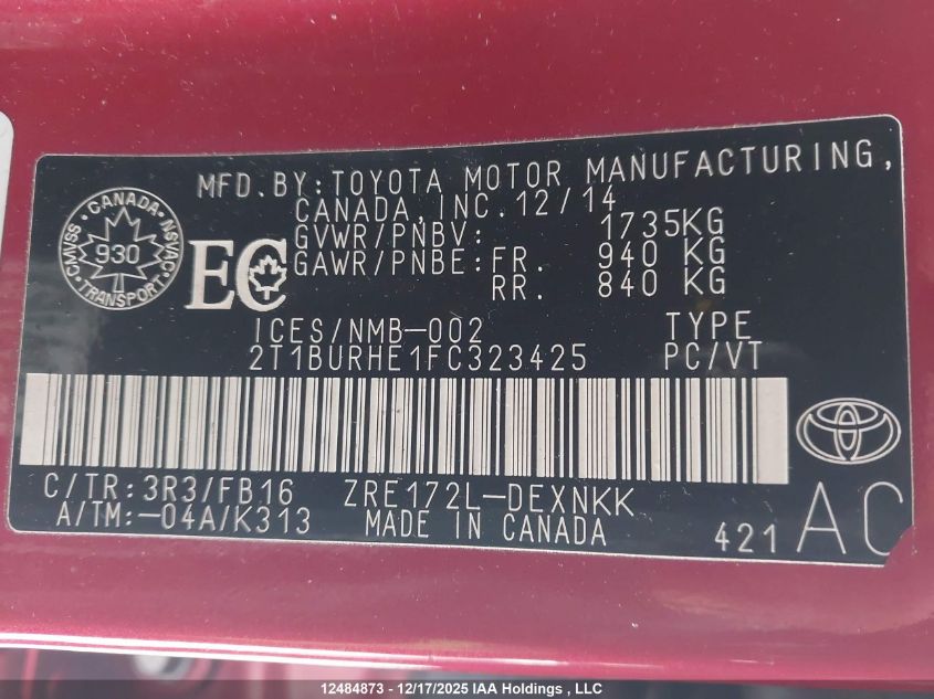 2015 Toyota Corolla Le VIN: 2T1BURHE1FC323425 Lot: 12484873