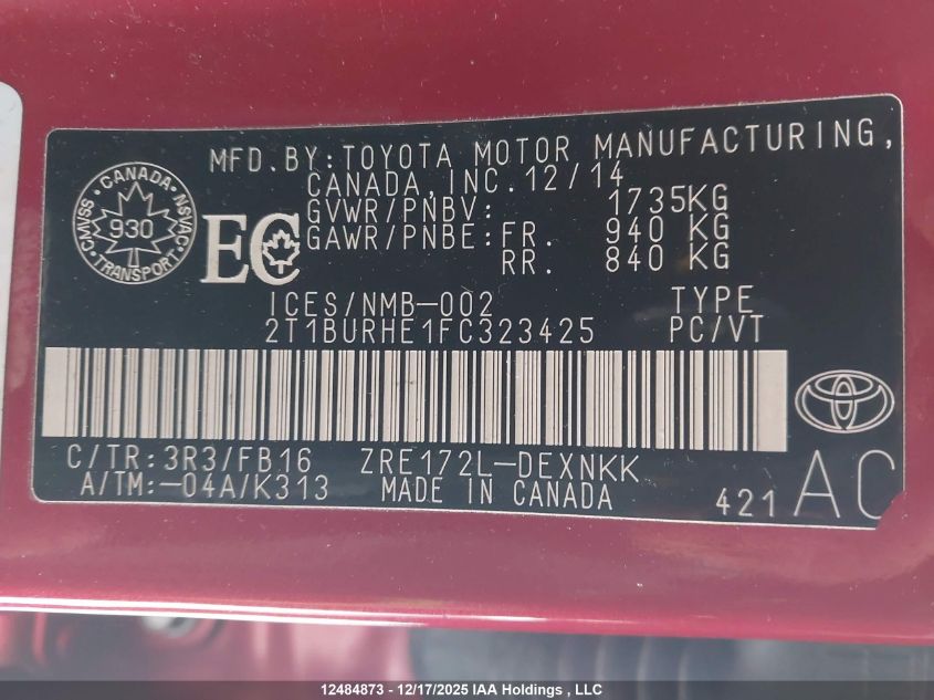 2015 Toyota Corolla Le VIN: 2T1BURHE1FC323425 Lot: 12484873