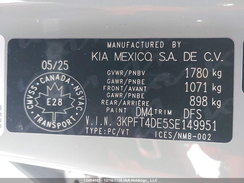 2025 Kia K4 Lx VIN: 3KPFT4DE5SE149951 Lot: 12484882