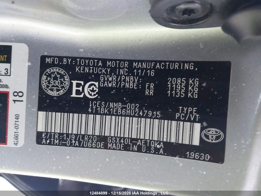 2017 Toyota Avalon Touring VIN: 4T1BK1EB6HU247915 Lot: 12484899