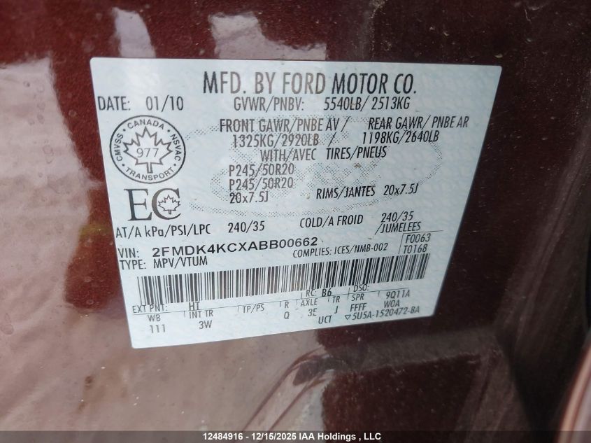 2010 Ford Edge Limited VIN: 2FMDK4KCXABB00662 Lot: 12484916