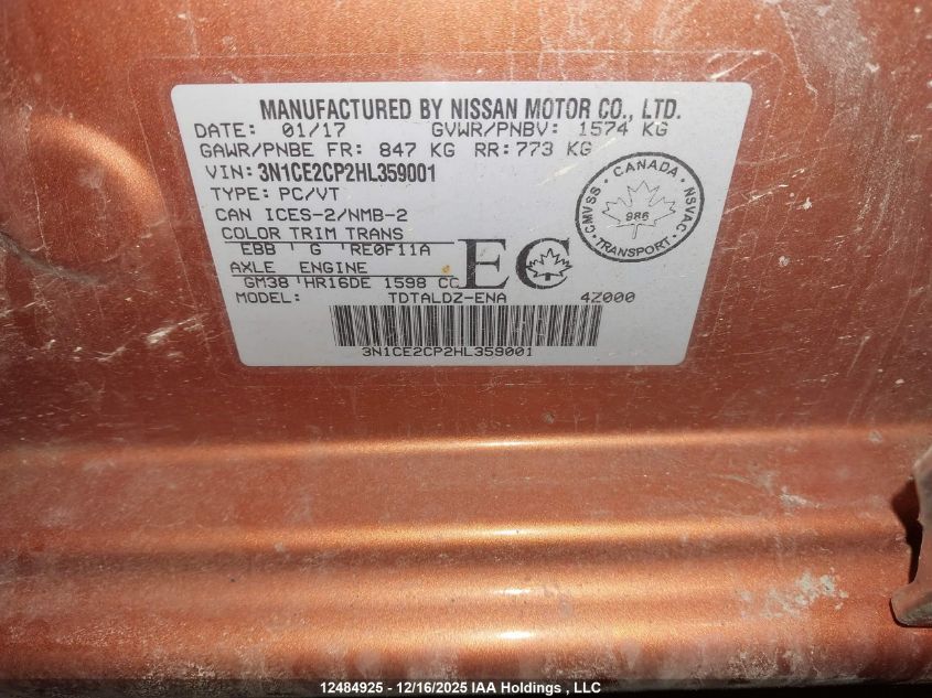 2017 Nissan Versa VIN: 3N1CE2CP2HL359001 Lot: 12484925