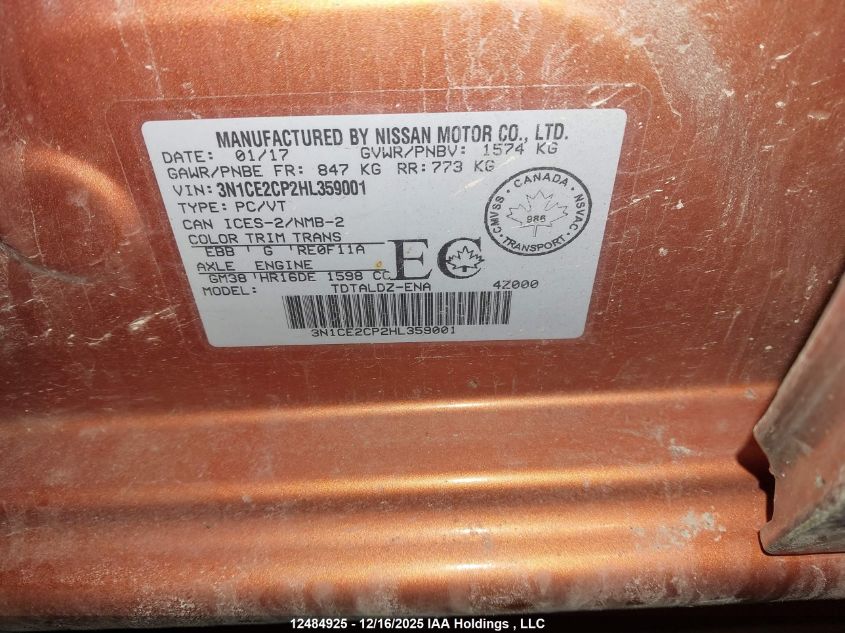 2017 Nissan Versa VIN: 3N1CE2CP2HL359001 Lot: 12484925