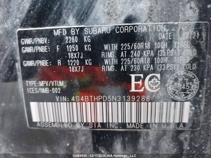 2022 Subaru Outback Premier Xt VIN: 4S4BTHPD5N3139288 Lot: 12484930