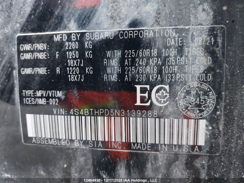 2022 Subaru Outback Premier Xt VIN: 4S4BTHPD5N3139288 Lot: 12484930