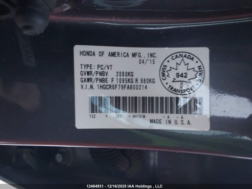 2015 Honda Accord Hybrid Touring VIN: 1HGCR6F79FA800214 Lot: 12484931