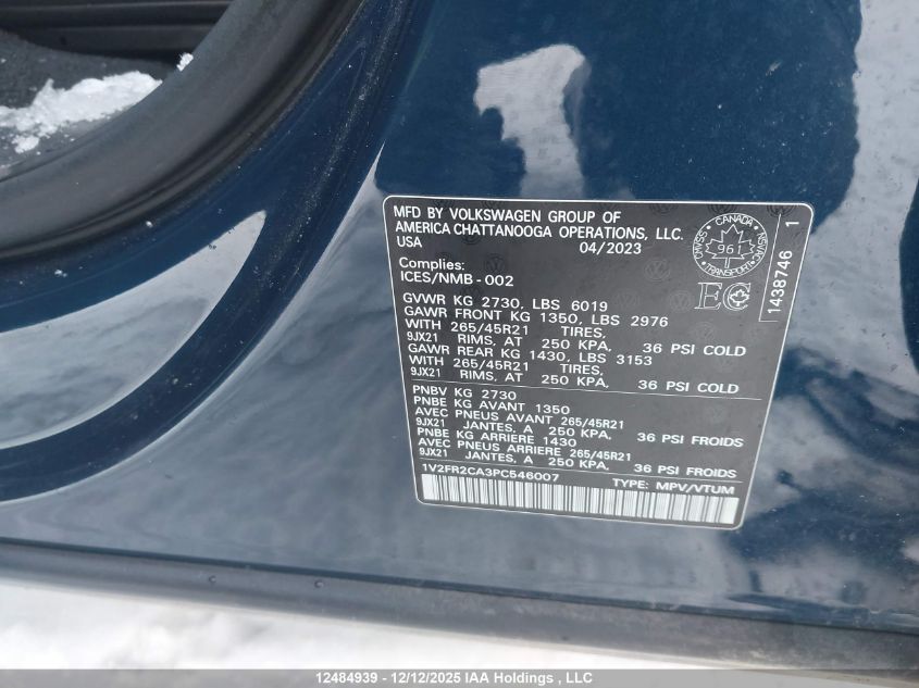 2023 Volkswagen Atlas Sel Premium R-Line VIN: 1V2FR2CA3PC546007 Lot: 12484939