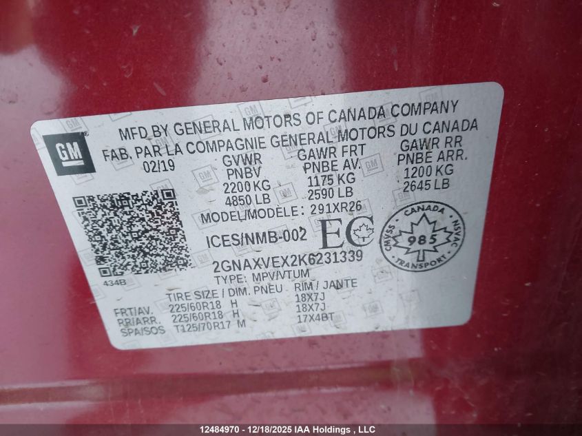 2019 Chevrolet Equinox Lt VIN: 2GNAXVEX2K6231339 Lot: 12484970