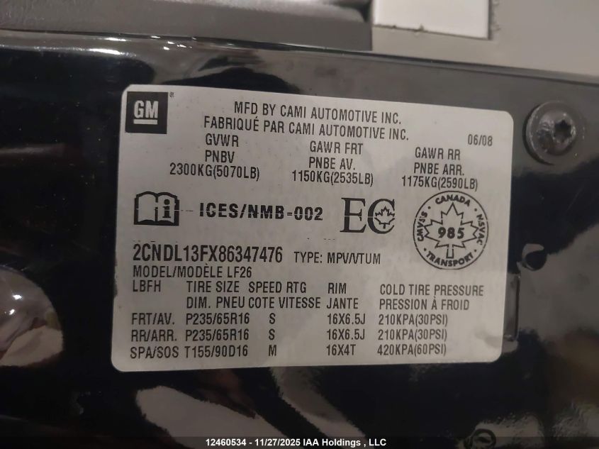 2008 Chevrolet Equinox Ls VIN: 2CNDL13FX86347476 Lot: 12460534X