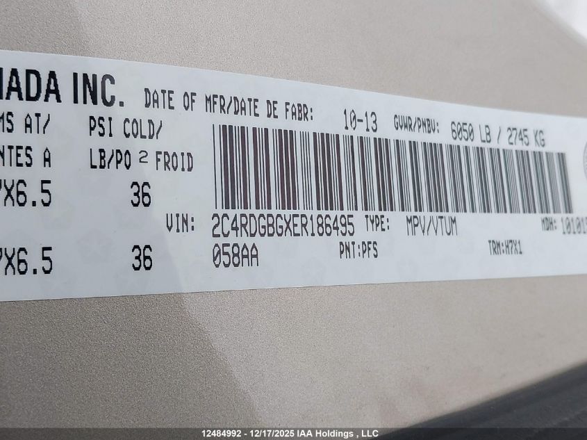 2014 Dodge Grand Caravan Se/Sxt VIN: 2C4RDGBGXER186495 Lot: 12484992