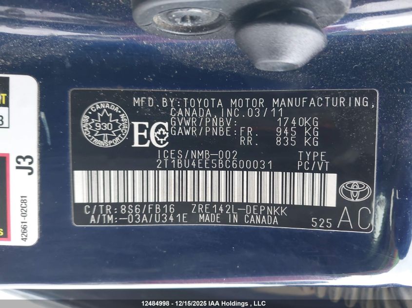 2011 Toyota Corolla S/Le VIN: 2T1BU4EE5BC600031 Lot: 12484998