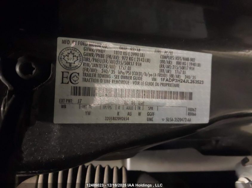 2018 Ford Focus Sel VIN: 1FADP3H24JL263523 Lot: 12485023