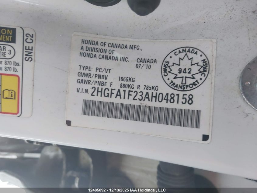 2010 Honda Civic Dx/Dx-A VIN: 2HGFA1F23AH048158 Lot: 12485092