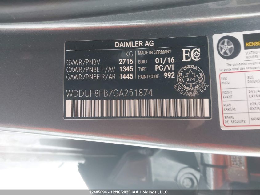 2016 Mercedes-Benz S 550 4Matic VIN: WDDUF8FB7GA251874 Lot: 12485094