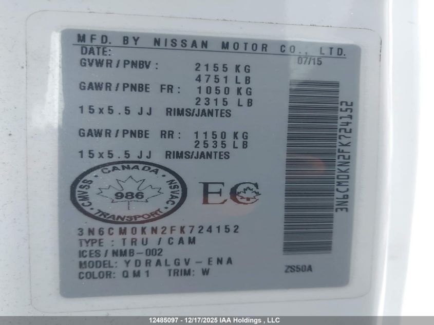 2015 Nissan Nv200 S/Sv VIN: 3N6CM0KN2FK724152 Lot: 12485097