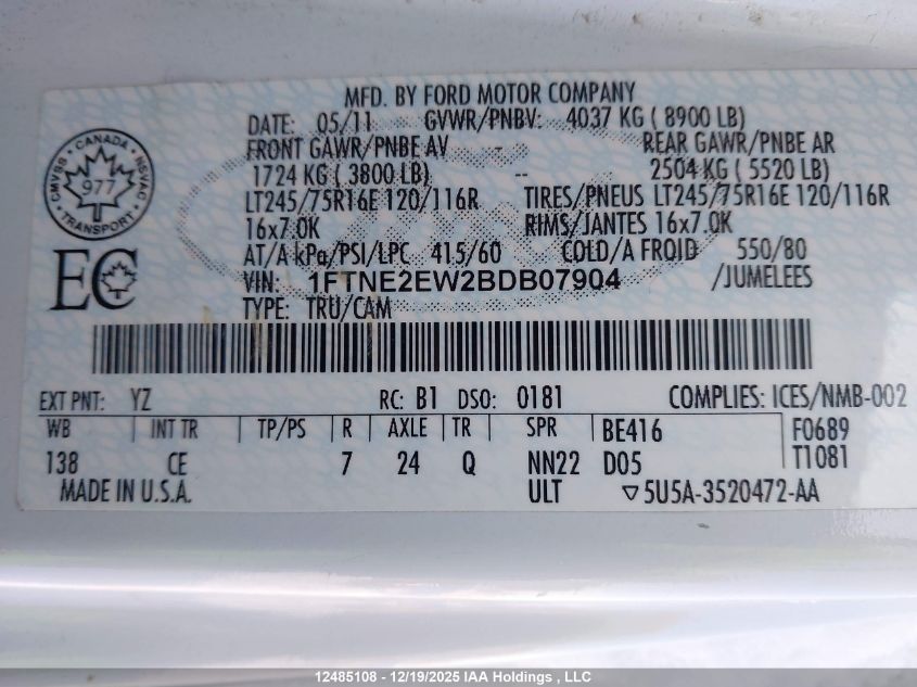 2011 Ford E-250 Commercial VIN: 1FTNE2EW2BDB07904 Lot: 12485108