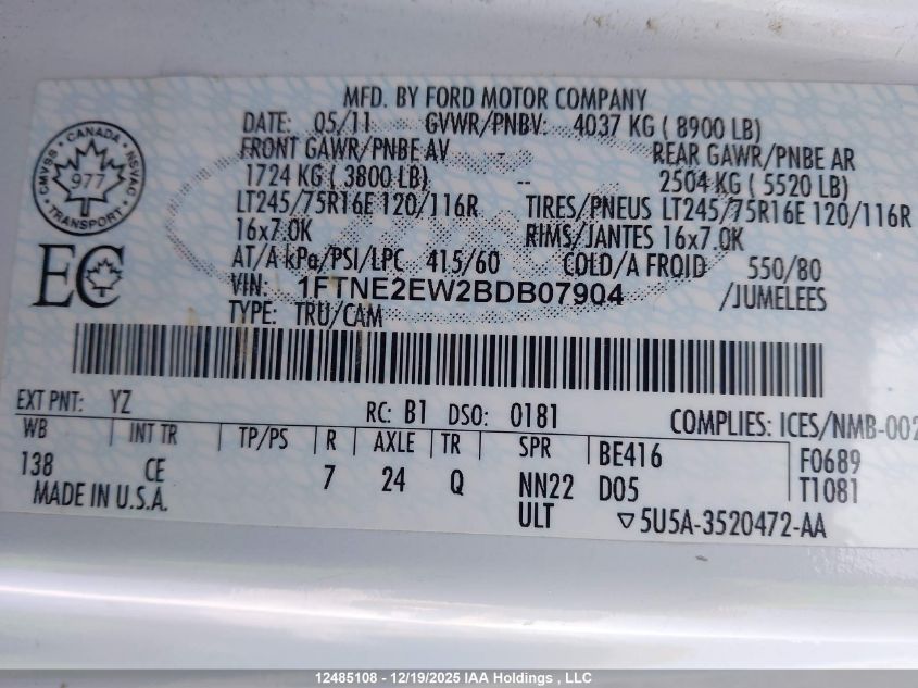 2011 Ford E-250 Commercial VIN: 1FTNE2EW2BDB07904 Lot: 12485108