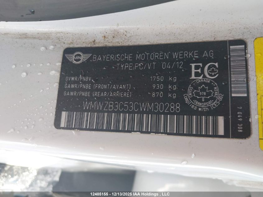 2012 Mini Cooper Countryman VIN: WMWZB3C53CWM30288 Lot: 12485155