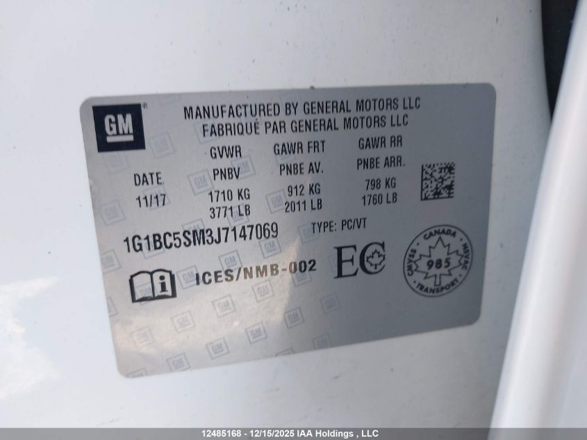 2018 Chevrolet Cruze Ls VIN: 1G1BC5SM3J7147069 Lot: 12485168