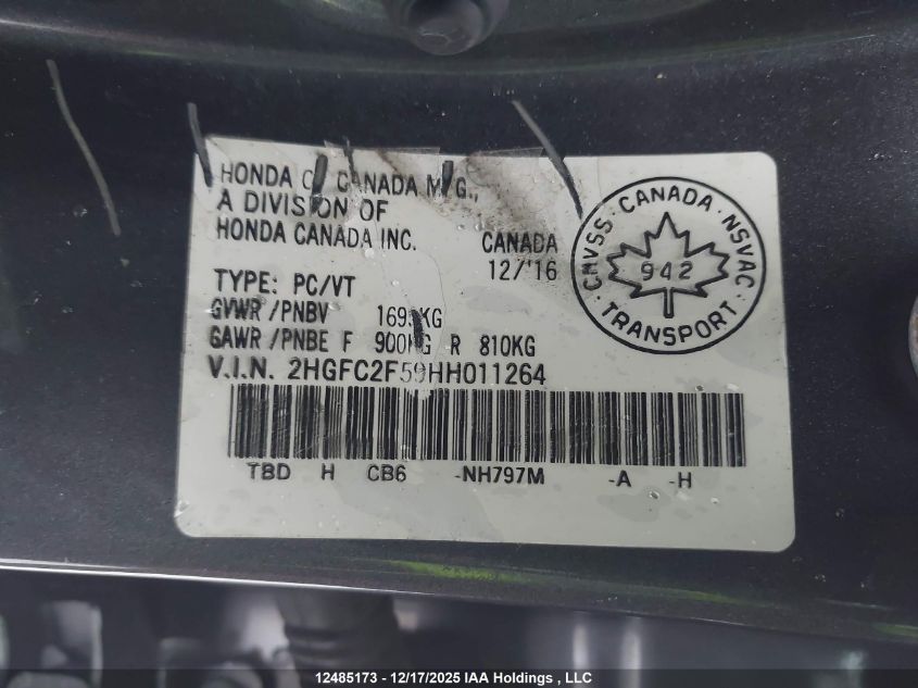 2017 Honda Civic Lx VIN: 2HGFC2F59HH011264 Lot: 12485173