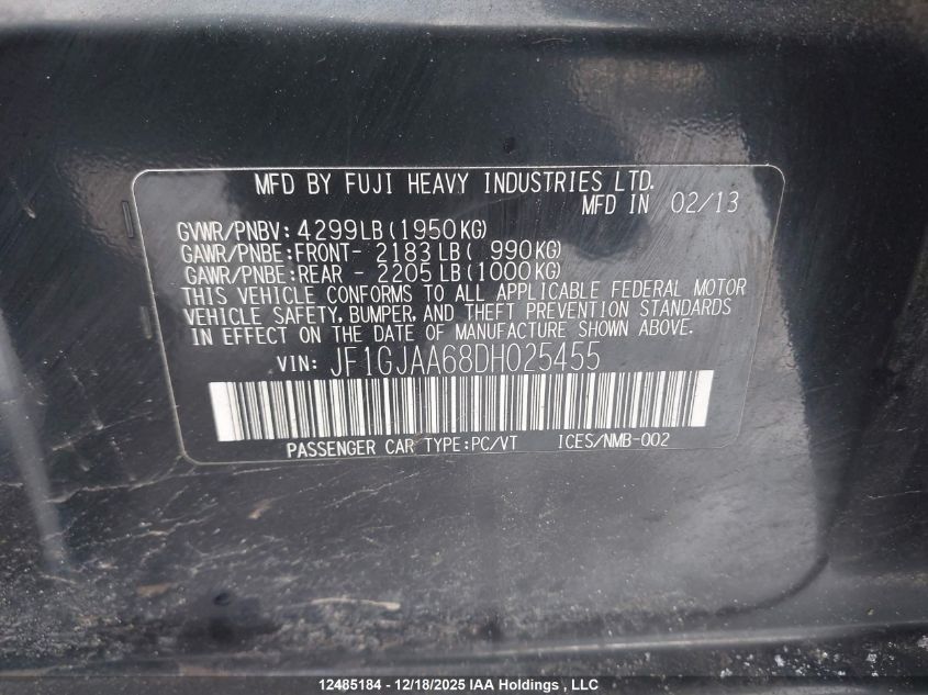 2013 Subaru Impreza 2.0I VIN: JF1GJAA68DH025455 Lot: 12485184