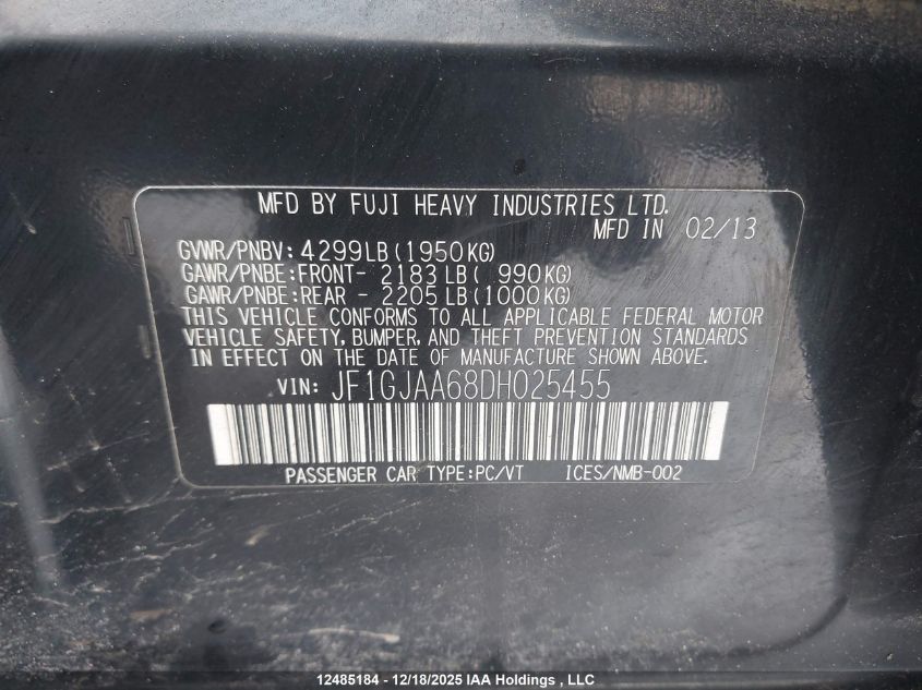 2013 Subaru Impreza 2.0I VIN: JF1GJAA68DH025455 Lot: 12485184