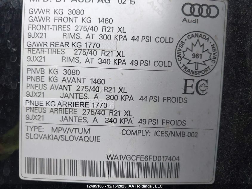 2015 Audi Q7 Prestige VIN: WA1VGCFE6FD017404 Lot: 12485186