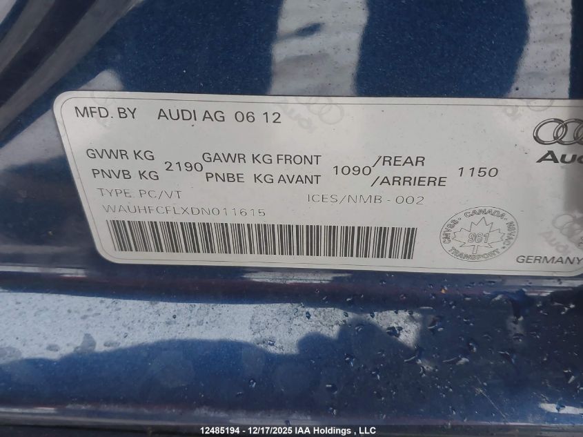 2013 Audi A4 2.0T Premium VIN: WAUHFCFLXDN011615 Lot: 12485194