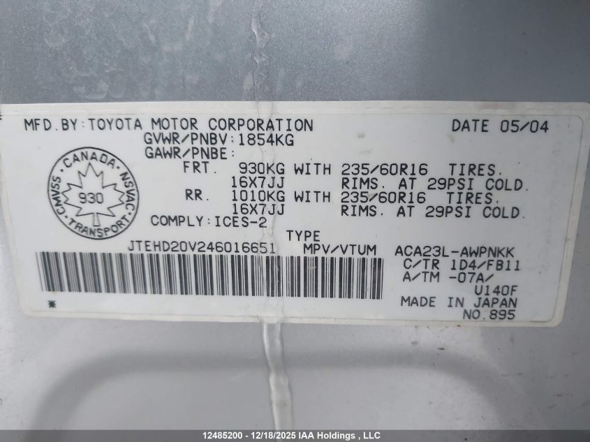 2004 Toyota Rav4 VIN: JTEHD20V246016651 Lot: 12485200