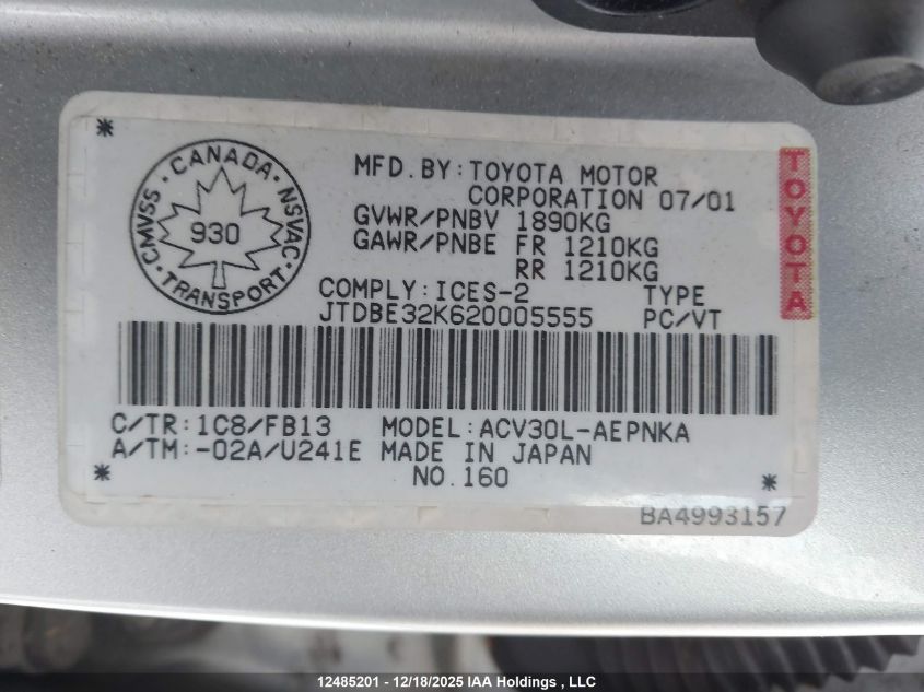 2002 Toyota Camry Le/Xle/Se VIN: JTDBE32K620005555 Lot: 12485201