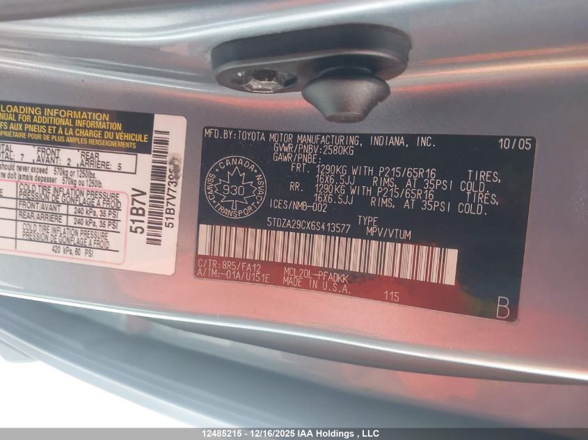 2006 Toyota Sienna Ce VIN: 5TDZA29CX6S413577 Lot: 12485215