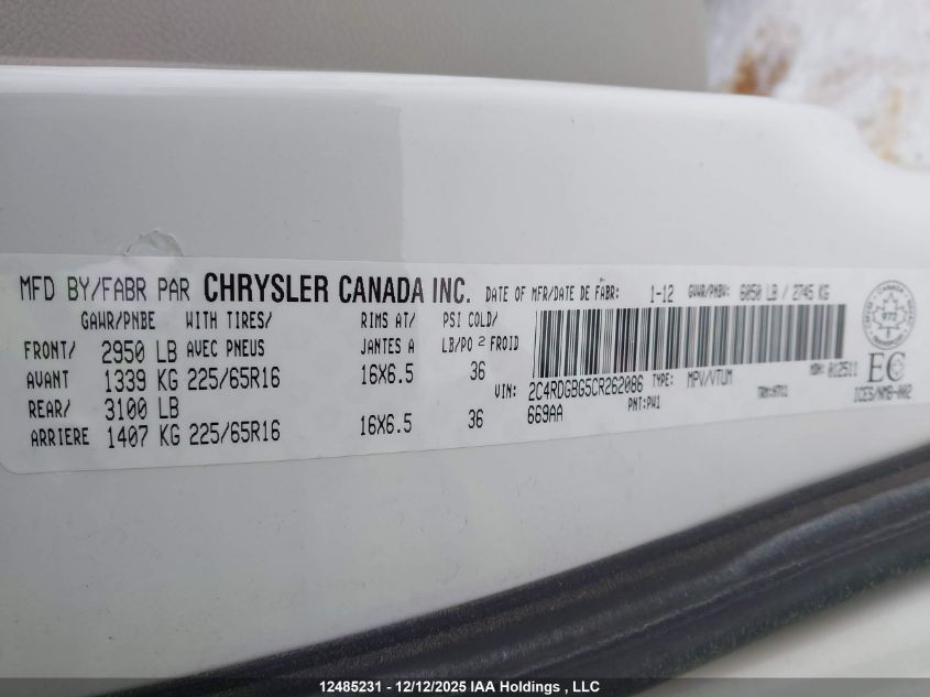 2012 Dodge Grand Caravan Se/Sxt VIN: 2C4RDGBG5CR262086 Lot: 12485231