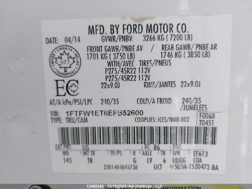 2014 Ford F150 Supercrew VIN: 1FTFW1ET6EFB52600 Lot: 12485245