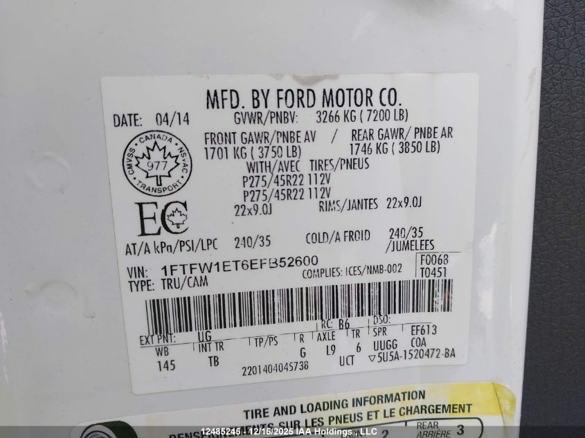 2014 Ford F150 Supercrew VIN: 1FTFW1ET6EFB52600 Lot: 12485245