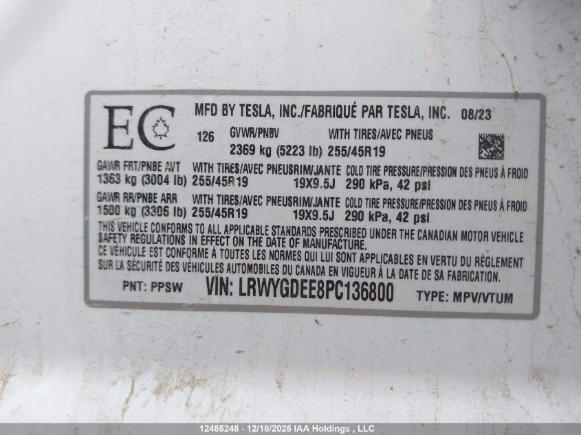 2023 Tesla Model Y Long Range VIN: LRWYGDEE8PC136800 Lot: 12485248