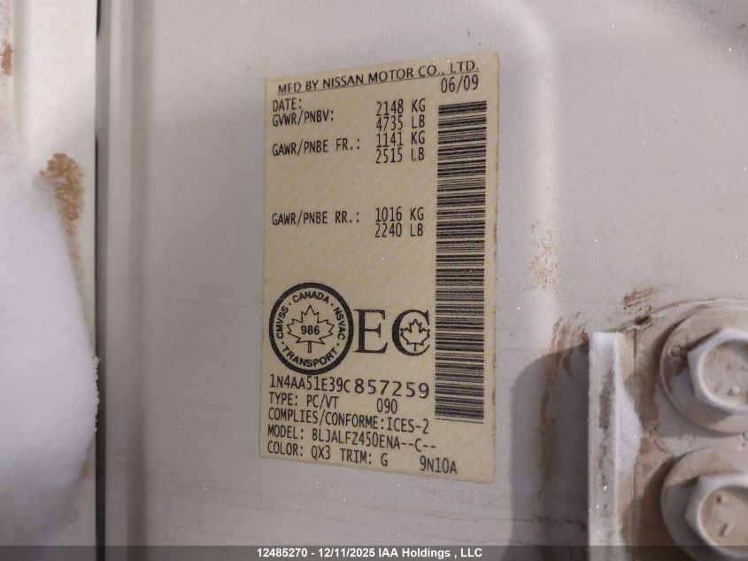 2009 Nissan Maxima 3.5 S VIN: 1N4AA51E39C857259 Lot: 12485270