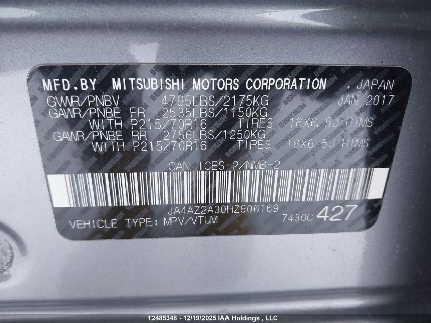 2017 Mitsubishi Outlander Es VIN: JA4AZ2A30HZ606169 Lot: 12485348