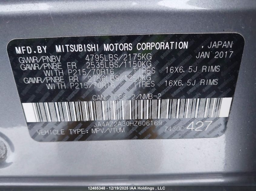 2017 Mitsubishi Outlander Es VIN: JA4AZ2A30HZ606169 Lot: 12485348