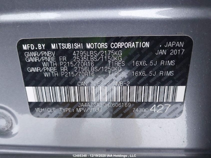 2017 Mitsubishi Outlander Es VIN: JA4AZ2A30HZ606169 Lot: 12485348